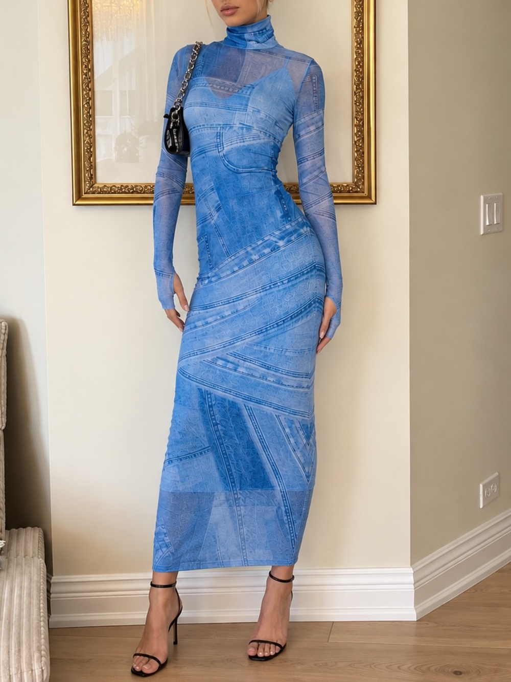 AFRM Blue Long-Sleeve Sheer Mock Neck Midi Dress